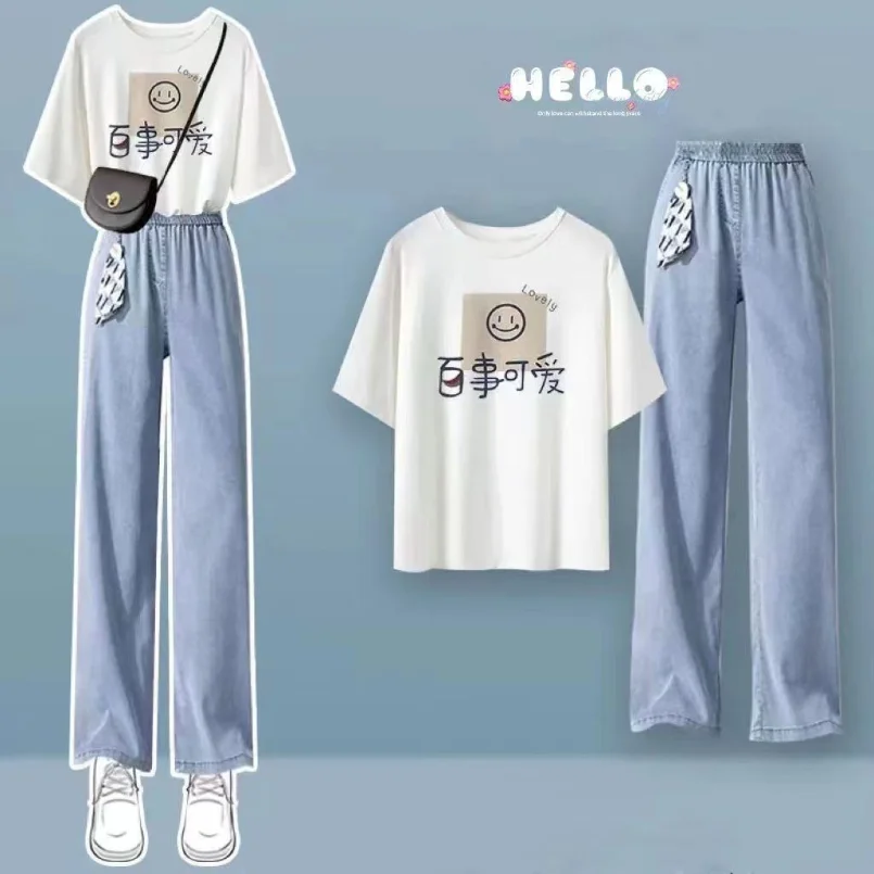 2023 Spring/Summer New Set Women\'s Korean Loose Short Sleeve T-shirt+Wide Leg Jeans Fashion Two Piece Set