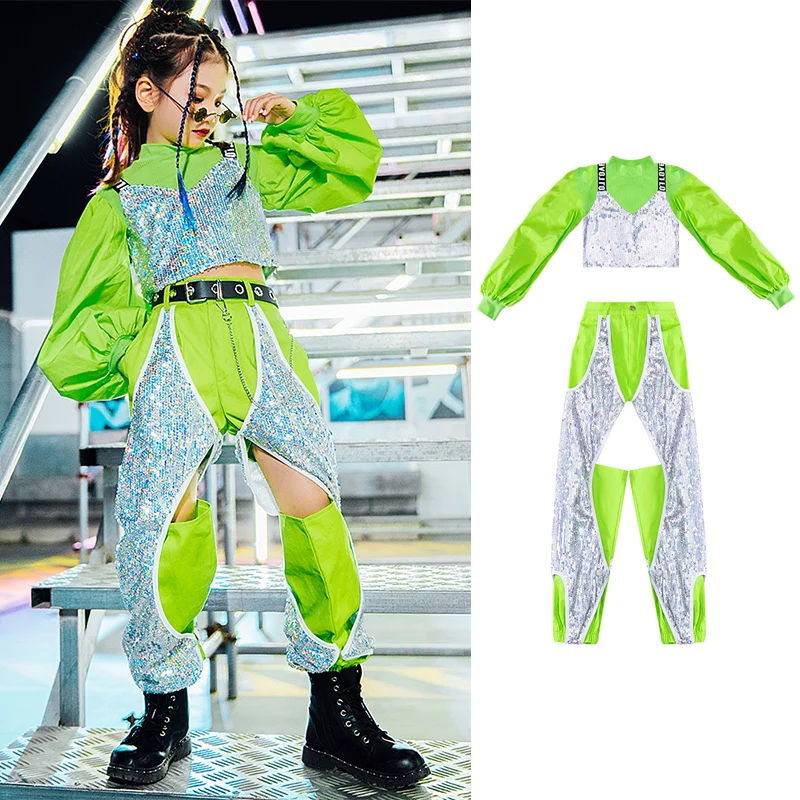 

Fluorescent Green Sequins Jazz Dance Costume Gilrs Kpop Outfit Hip Hip Dancing Clothes Lantern Sleeve Tops Cargo Pants DL7195