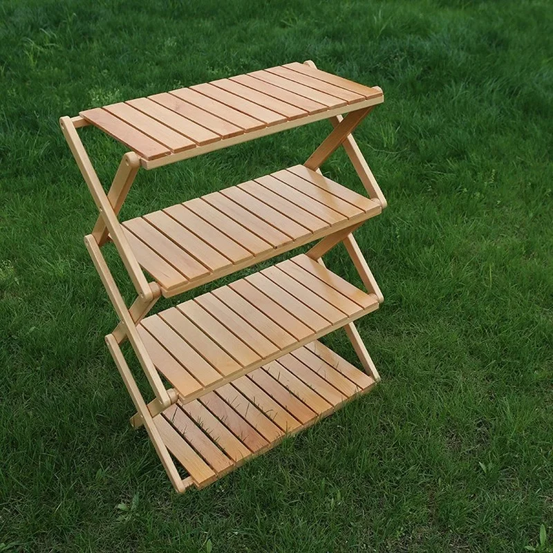 Folding 3-4 Layer Wooden Storage Rack Portable Foldable multi-layer Shelf Camping Picnic Wood Folding Table