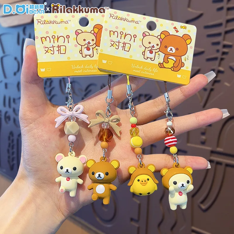 Lovely Rilakkuma Series Anime Character Mini Bear Keychain Bow Beads Cute Backpack Pendant Phone Lanyard Decorative Toy Fun Gift