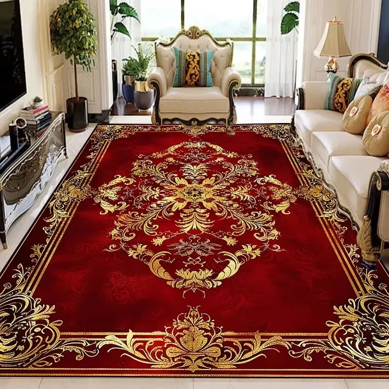 VIKAMA European-Style Rug with Large Floral Pattern on a Red Background—Washable, Non-Slip Living Room Sofa Rug for Home Decor