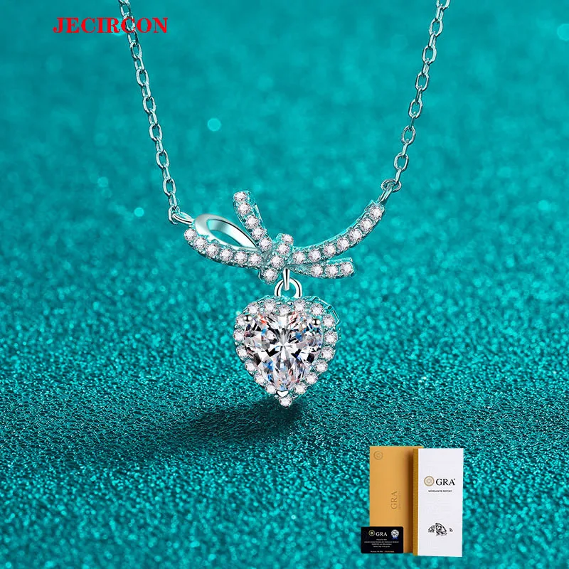 

JECIRCON S925 Sterling Silver Moissanite Necklace for Women 1CT Bow Love Heart-Shaped Pendant Full Diamond Light Luxury Princess