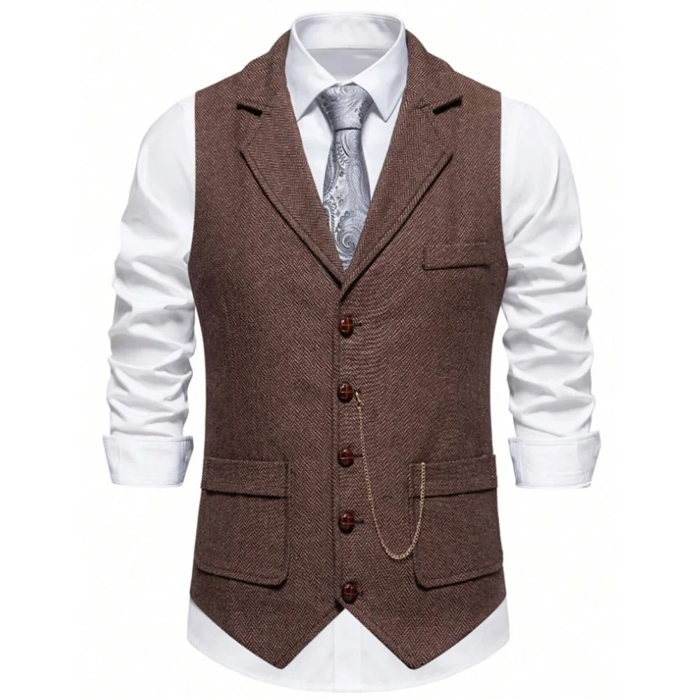 ผู้ชาย Herringbone Tweed Wool Vest Retro Lapel Single Breasted Casual แฟชั่น SLIM FIT เสื้อกั๊กผู้ชายสบายธุรกิจ
