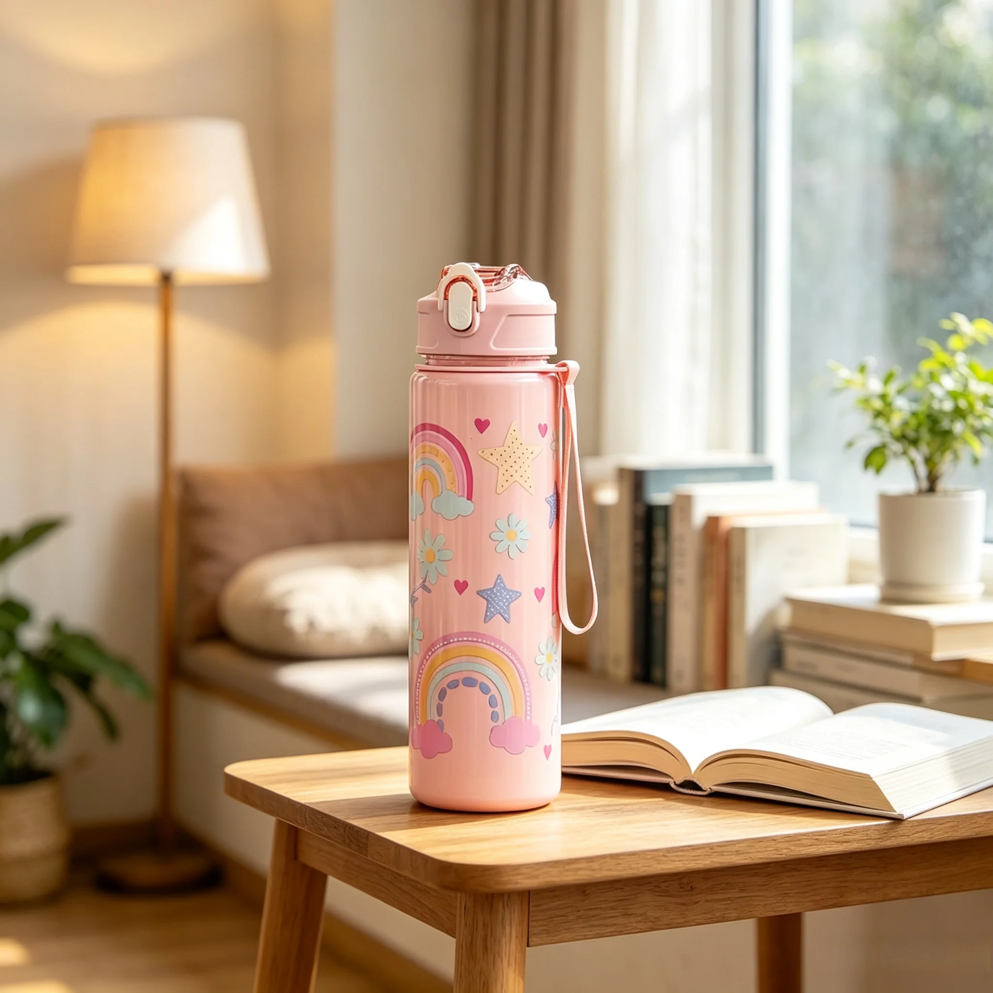 Cartoon Dinosaur Rainbow Marine Pattern Kids Insulated Water Bottle, Pop‑Up Lid Vacuum Cup with Carry Strap for School Outdoor