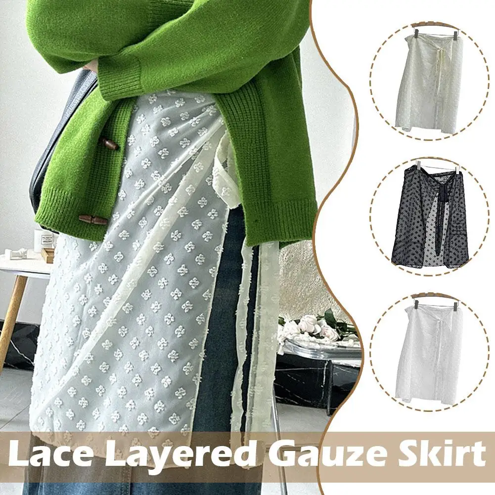 

White Lined Skirt Eyelet Floral Lace Skirts Butt Curtain Accessories Korean Women Clothes Dropshipping Apron Gauze A2M2