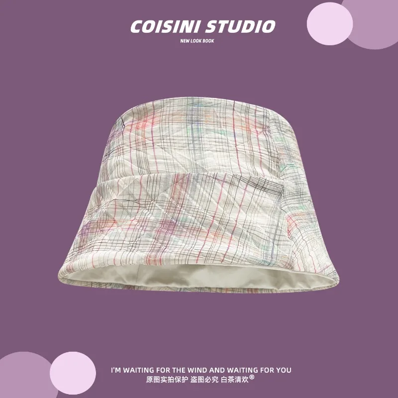 

Japanese Fashion Thin Plaid Bucket Hat for Women Spring and Summer Outdoor Outings and Vacations, Versatile Sun Basin Caps