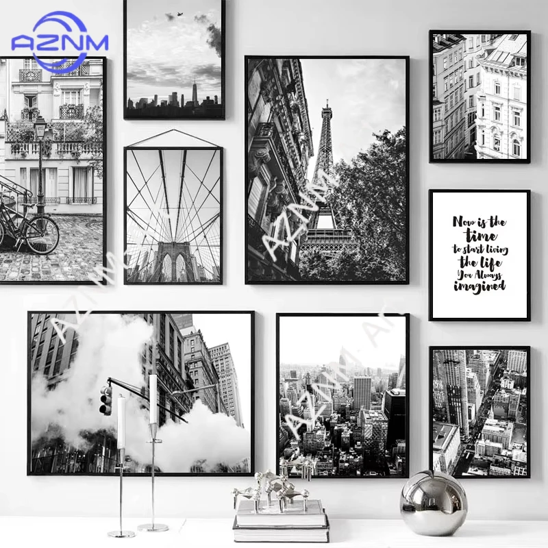 1 Stück, schwarz-weißes Wandkunst-Leinwandgemälde, Pariser Turm, Brooklyn Bridge, nordische Poster und Drucke, Wandbilder für Wohnzimmer