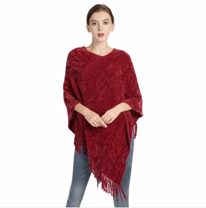 Chenille Knitted Shawl Women's Autumn Winter New Warm Tassel Silver Silk Pullover Cloak Girl's Outdoor Sweater Coat  Pink