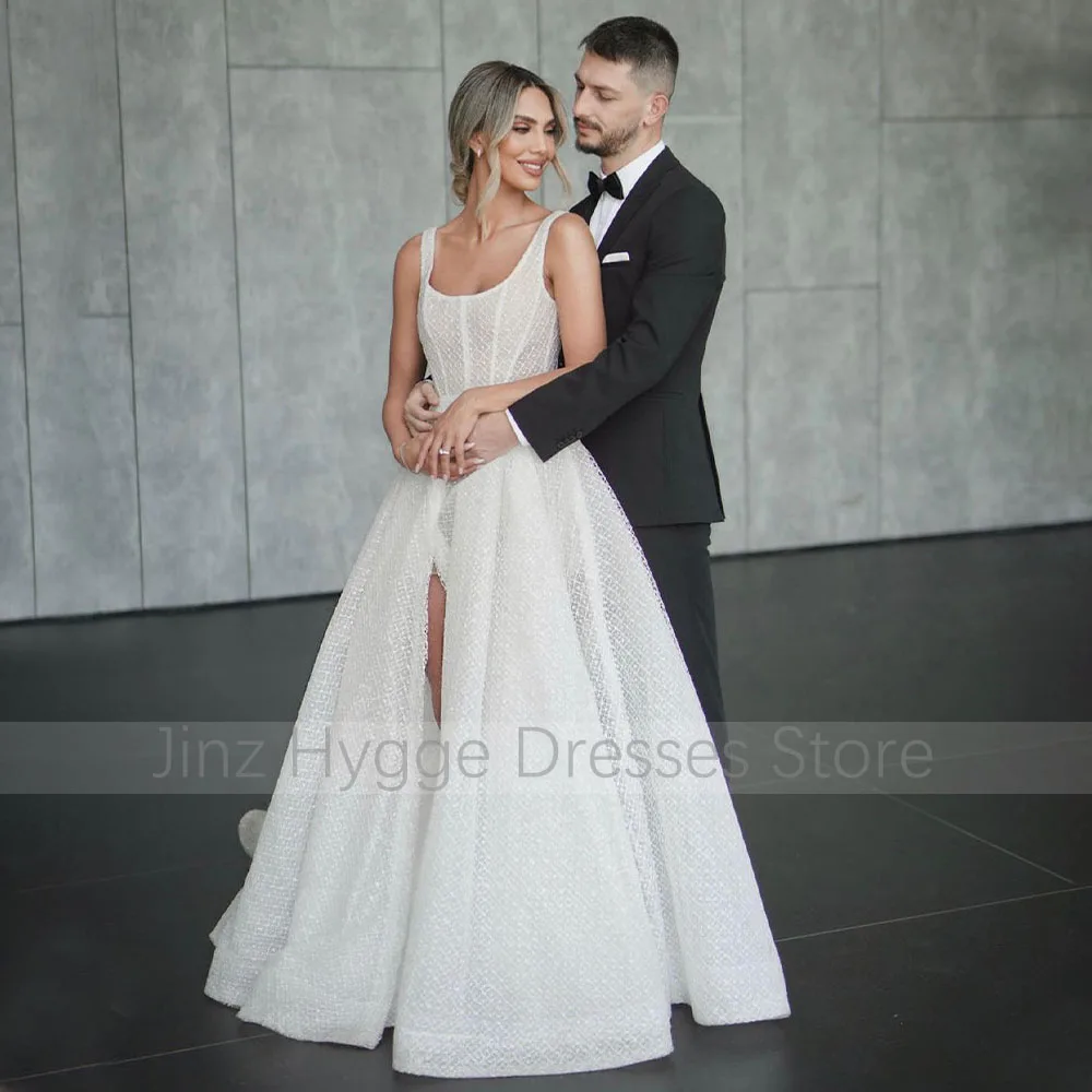 Luxury Wedding Dress Lace A Line Criss-Cross Slit Summer Wedding Gowns for Women 2023 Bride Tank Sleeveless Illusion Bridal Gown