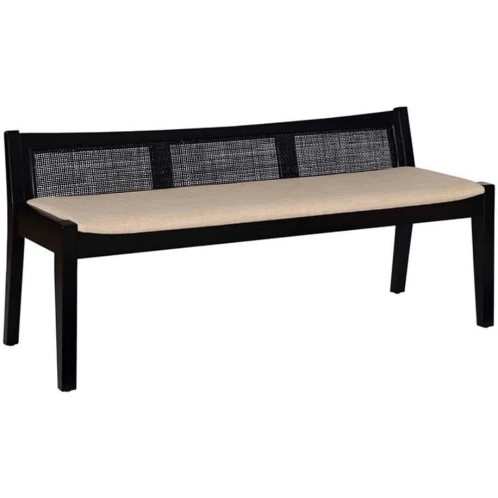 

Wood Bench Woven Cane Back Beige Padded Seat in Black Finish