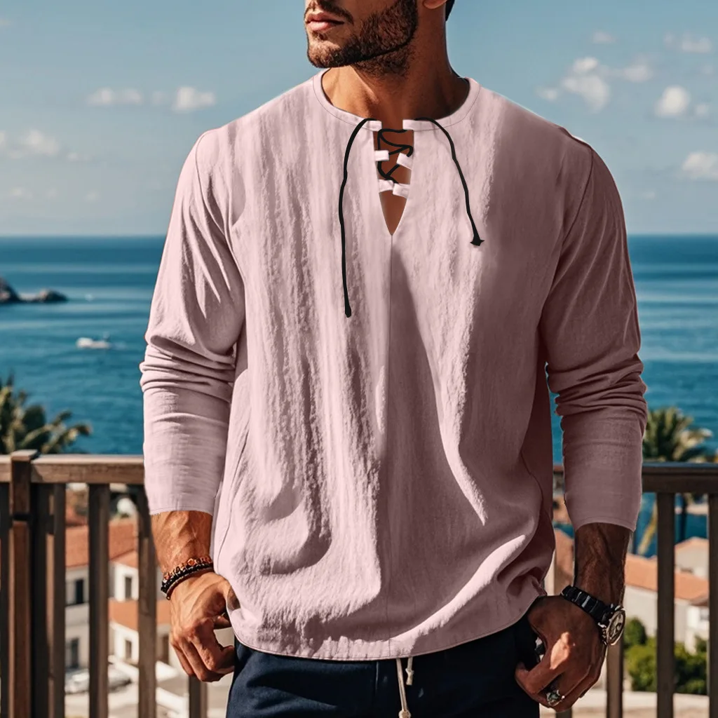 

Loose Men's Cotton Linen Shirt with Belt V-Neck Long Sleeve Solid Color Beach Shirt Wicking Casual Fashion for Youth