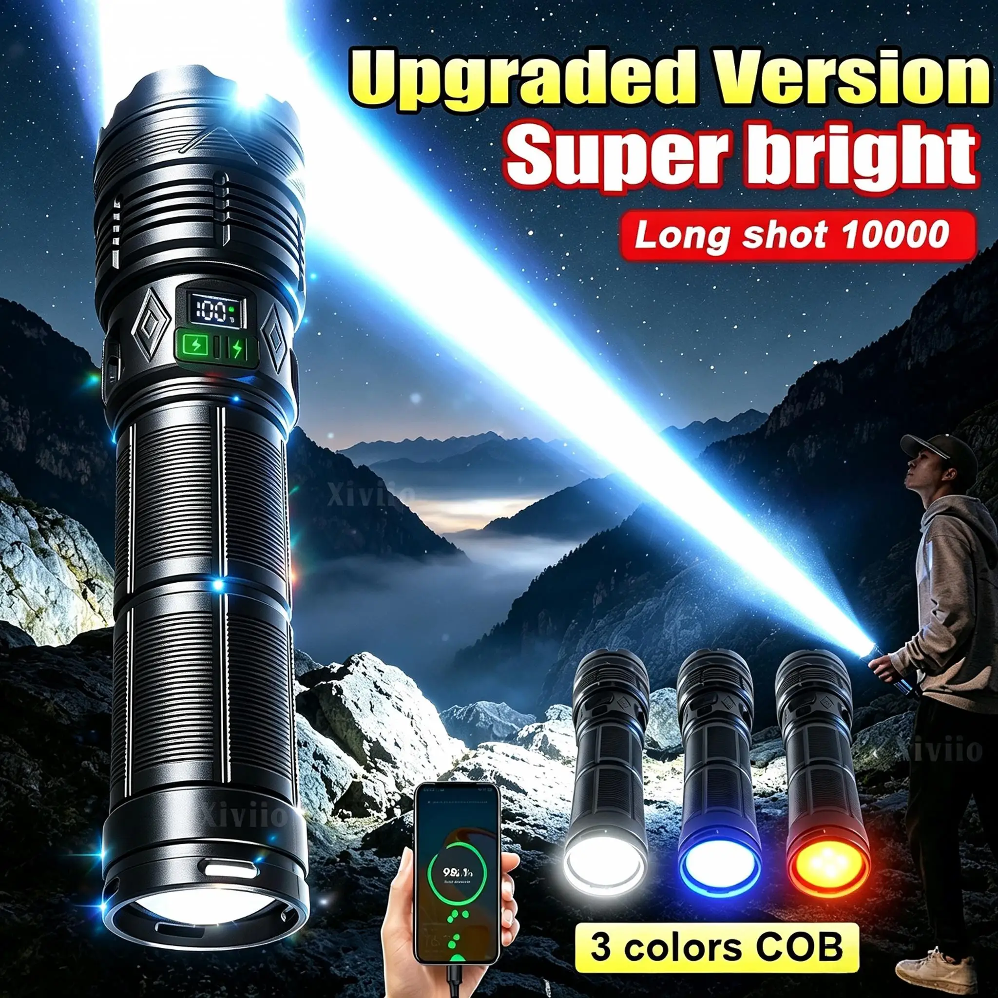 Upgraded Super Bright LED Flashlight Rechargeable Zoom Torch Long Range 10000 High Power Flashlight Fishing Camping Lantern