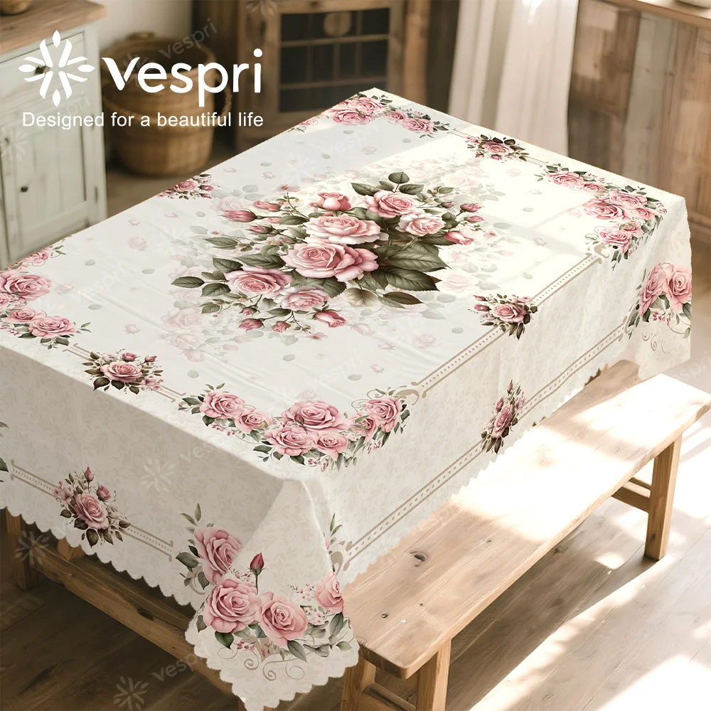 Vespri Spring, romantic floral tablecloth, white and pink decorations, flowers and green leaves