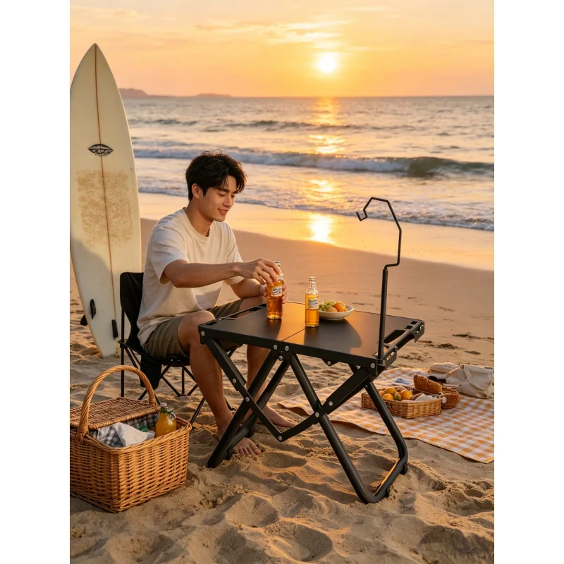 

Lightweight Foldable Beach Camping Picnic Table – Hollow Design with Hanging Slots, Convenient for Sand Outdoor Activities