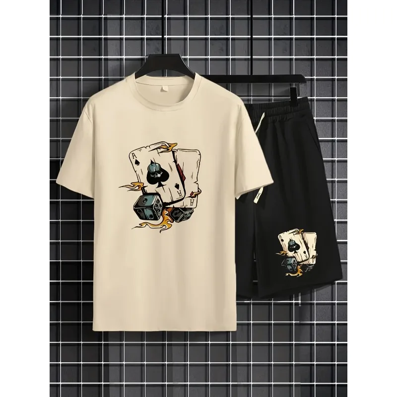 

2025 Men's Poker Spades A 3D Printed Round Neck Short Sleeved Shirt with Summer Casual Shorts 2-piece Set for Home Wear