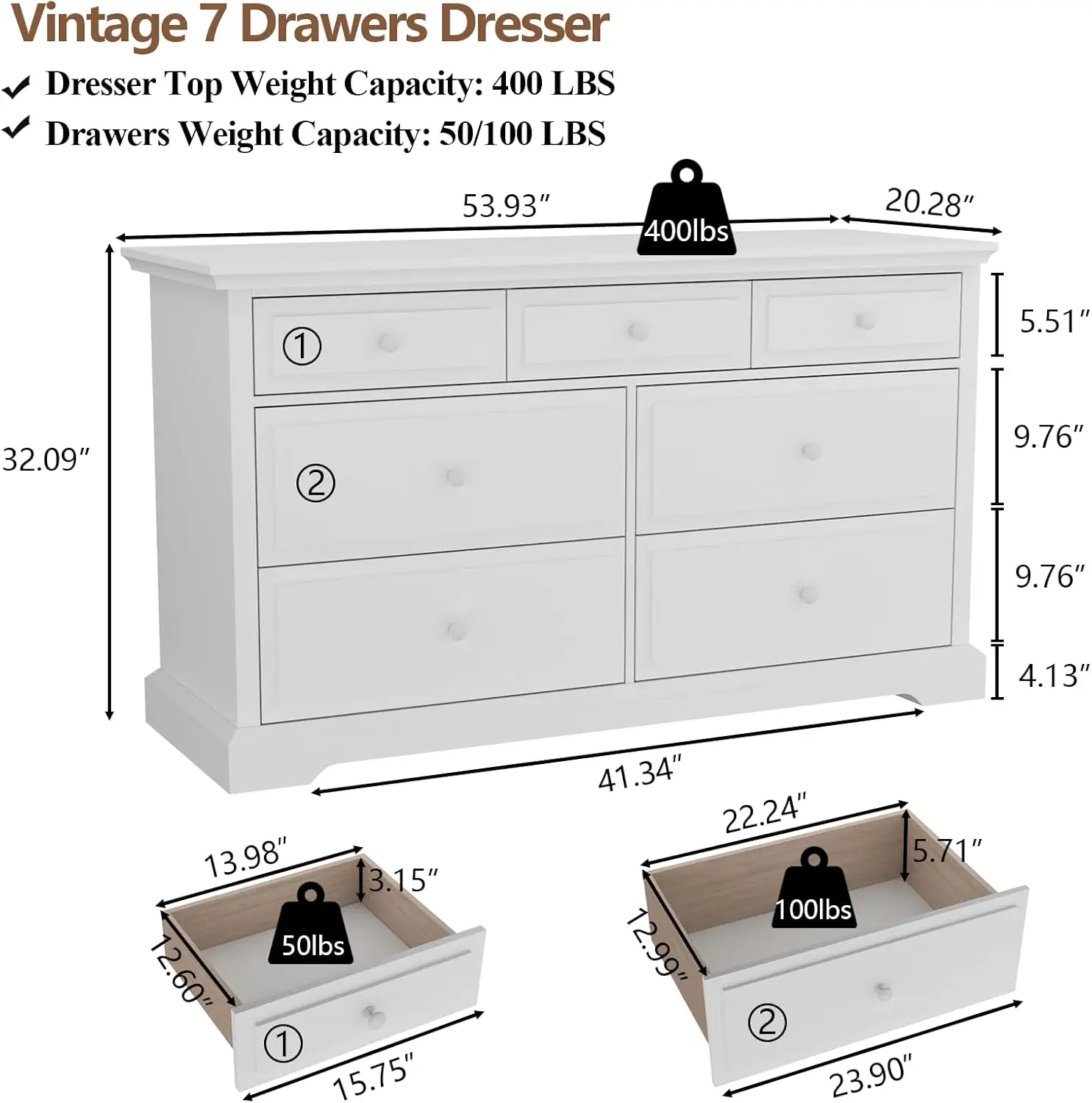 7 Drawers White Double Dressers Chests for Bedroom, Large Storage Dressers Organizer for Bedroom, Long Dresser Tv Stand