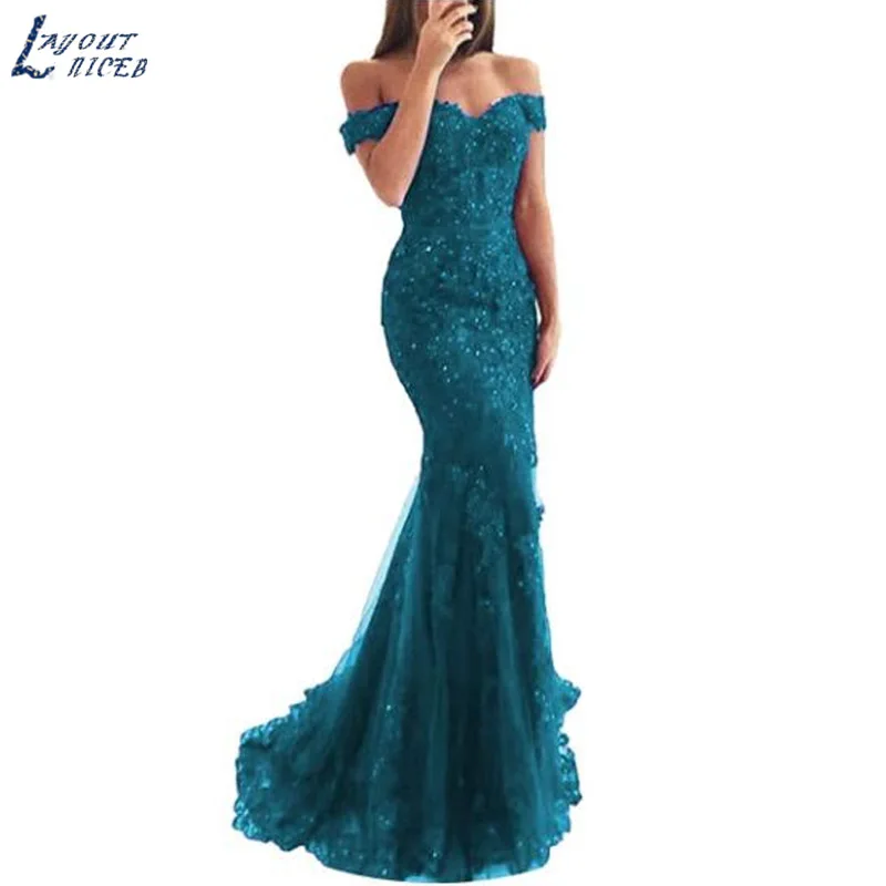 NICEB-Vestido largo De noche De sirena con hombros descubiertos para mujer, traje Formal con apliques De encaje, diseño Sirenas de hombros vestido de noche Dama larga vestido de estiramiento vestido de noche de Longue