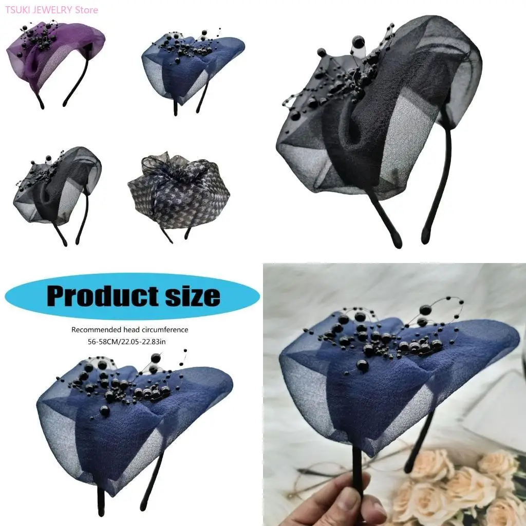 

62KE Stylish Bowknot Fascinator Hat Luxurious Beaded Headband With Headpiece Hair Decoration for Women and Girls