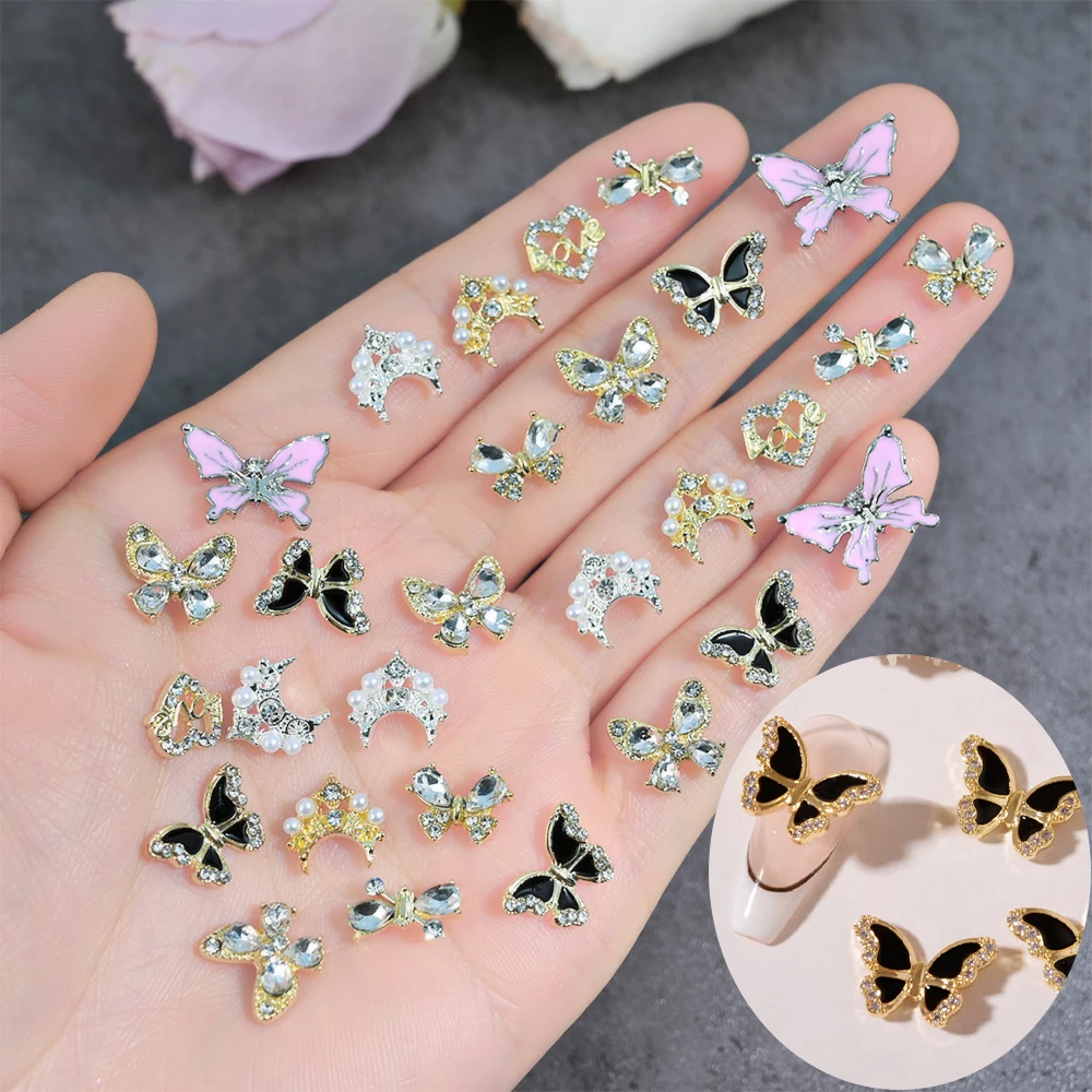 

10pcs 3D Crystal Butterfly Nail Decoration Gold Silver Rhinestones Nail Jewelry Shining Nail Charms Fashion Elegant Manicure