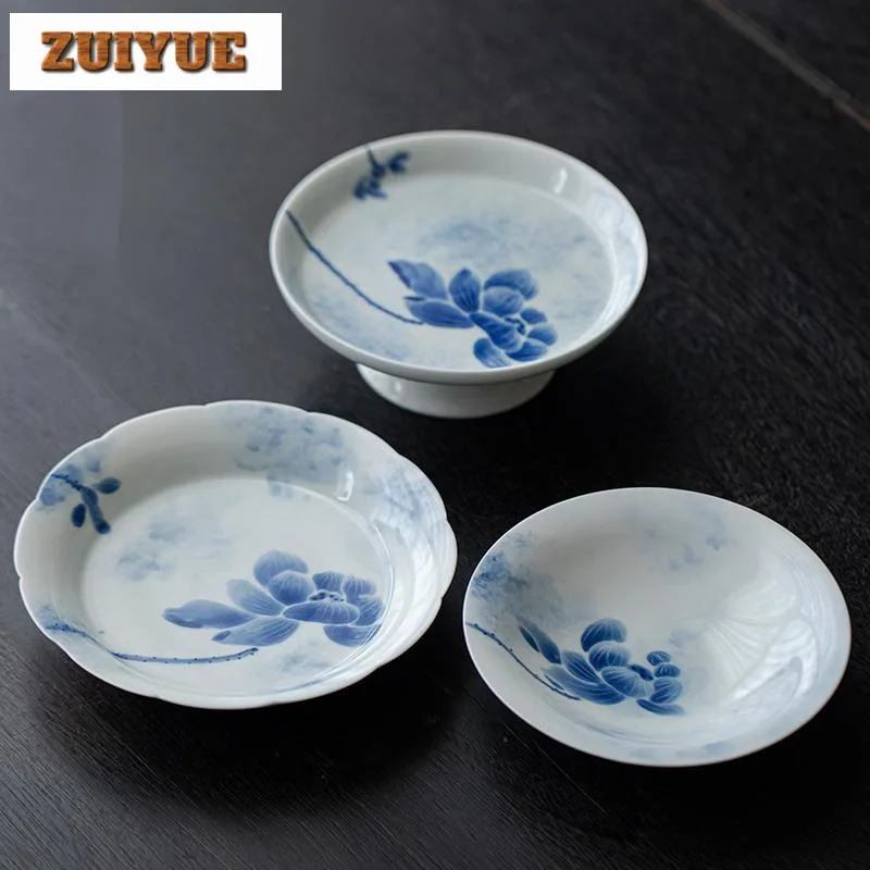 

Hand Drawn Lotus Tea Tray Household White Porcelain Fruit Plate Vintage Pot Bearing Holder Japanese Dry Brew Table Tea Servicies