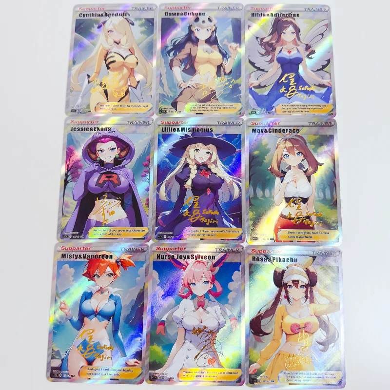 9Pcs/Set Pokemon Lillie-Mismagius Cynthia-Beedrill COS Series Cards Self Made Anime Game Characters Collection DIY Flash Cards