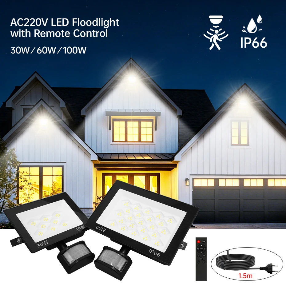 

Светодиодный прожектор с датчиком движения PIR, вилка EU/AU/UK, AC220V, 30W 60W 100W, IP66, водонепроницаемый, для наружного освещения