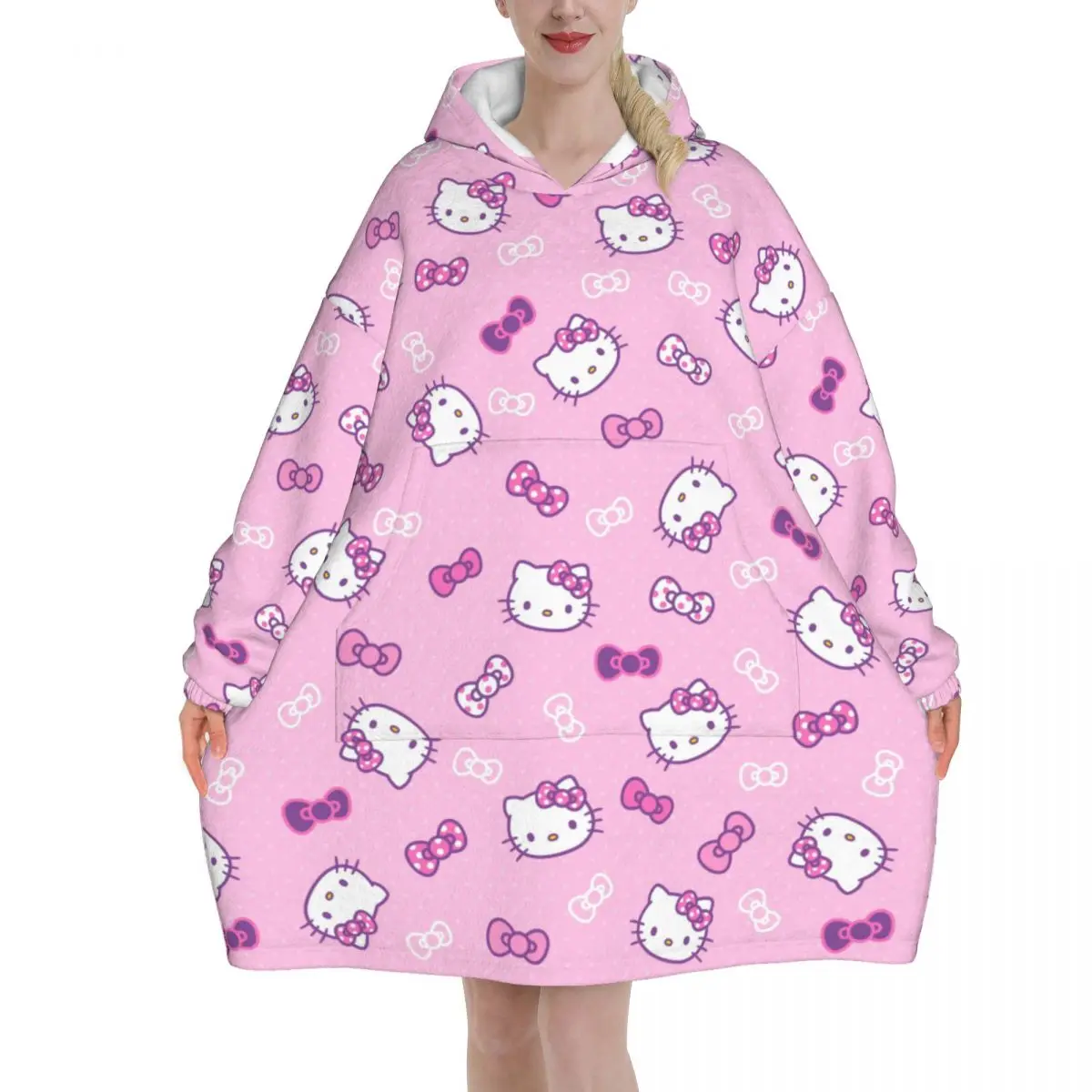 Sanrio Hello Kitty Camisola extragrande com bolso para mulheres, Hoodie Wearable, pijama branco