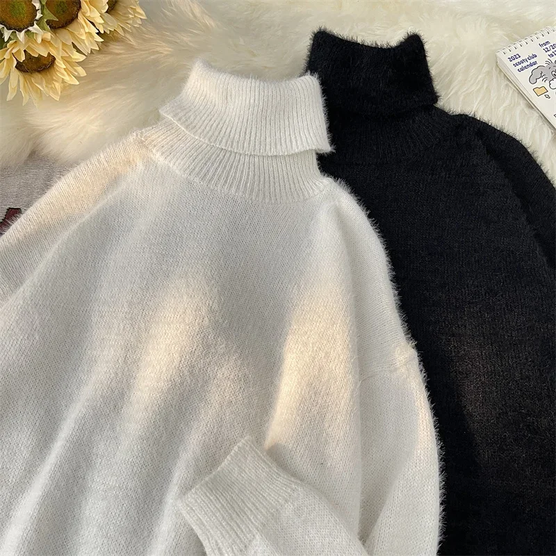 

Turtleneck Sweaters Men Pure Color Simple All-match Baggy Stretchy Japanese Style Harajuku Streetwear Slouchy Autumn Winter Chic