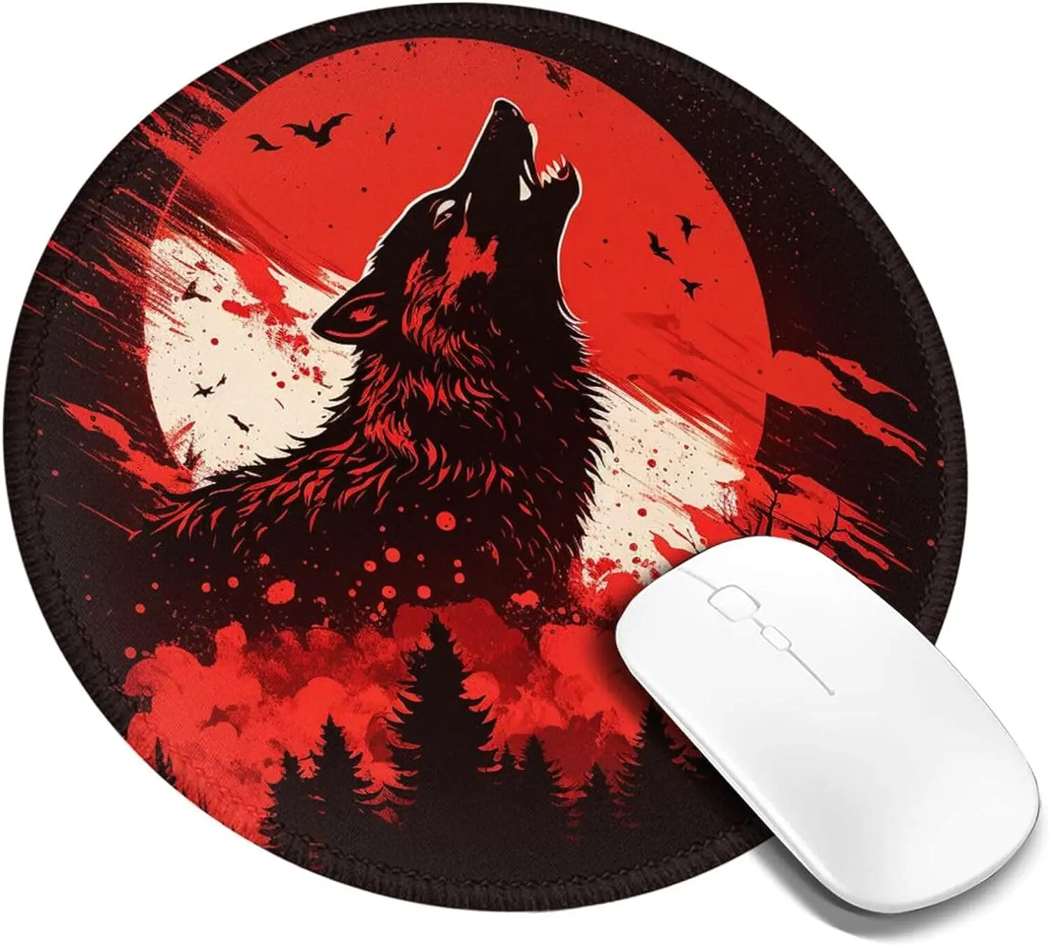 

Howling Wolf Blood red Moon Cool Mouse Pad Non-Slip Rubber Round Mousepads Mat for Gaming Office Work Computer Laptop Home Gifts