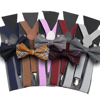 ウールストライプ蝶ネクタイサスペンダーセット男性女性ブレースボウタイ Y バック調節可能なクリップオン弾性ベルトストラップウェディングアクセサリー