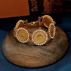 Ottoman Turkish Coin Chain Bracelet Gold Plated Flower Shape Crystal Women Cuff Bangles Arabia Wedding Jewelry Bridal Gifts