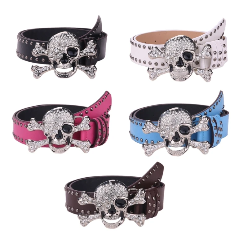 

Adult Waist Belt with Rhinestones Skull Buckle Adjust Length PU Waist Belts for Rock Fan Wear Resistant PU Leather Belts