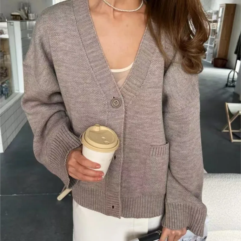 

Knitted Sweater Coat Women 2025 Autumn Winter Long Sleeve V-neck Pockets Knit Jacket Cardigan New Casual Loose Sweaters Female