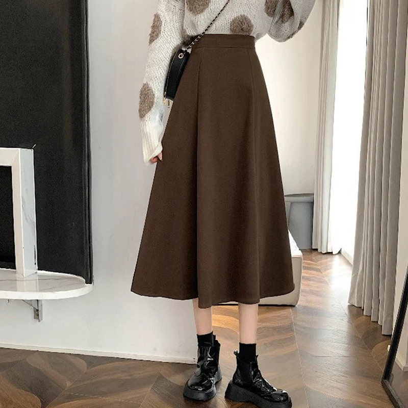 

Rimocy Autumn Winter Woolen A Line Skirt Women Back Elastic High Waisted Pleated Skirts Woman Korean College Style Midi Skirt