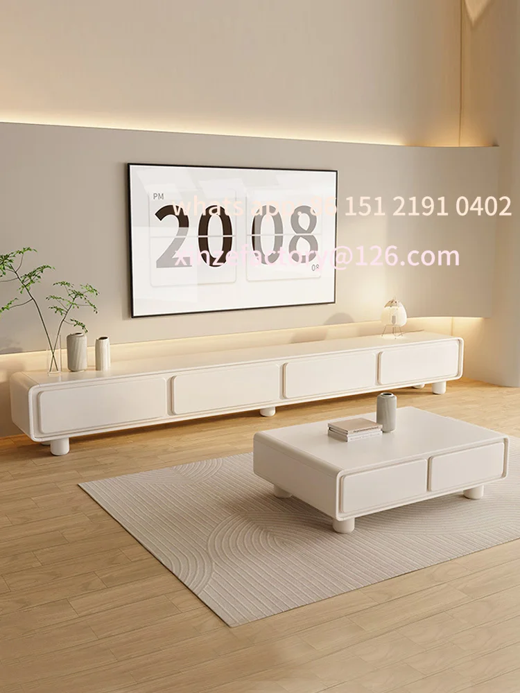

Customizable rounded corners French cream wind white TV cabinet coffee table
