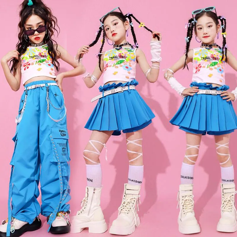 

Girls Hip Hop Clothing Blue Skirt Child Streetwear Sleeveless Tshirt Tops Clothes Street Dance Tank Top Kids Summer Jazz Costume