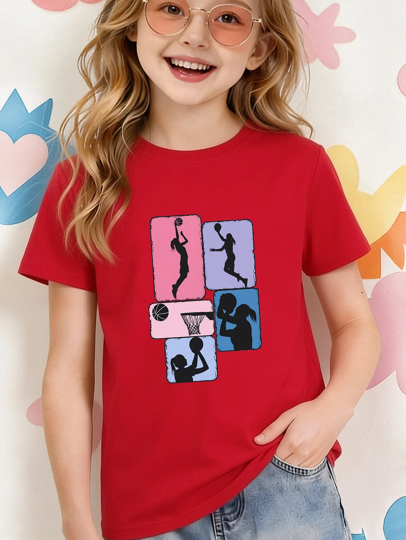 Girls Basketball Player Silhouette Vintage Panel Print Kids T Shirt Boys Girls Short Sleeve Crew Neck Cotton Sports Matching Tee