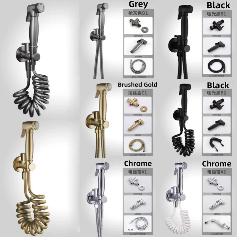 

Wall Mounted Toilet Shower Bidet Spray Gun Faucet Set with Spring PVC SS Hose Chrome/Black/Grey Metal Brass for Bathroom