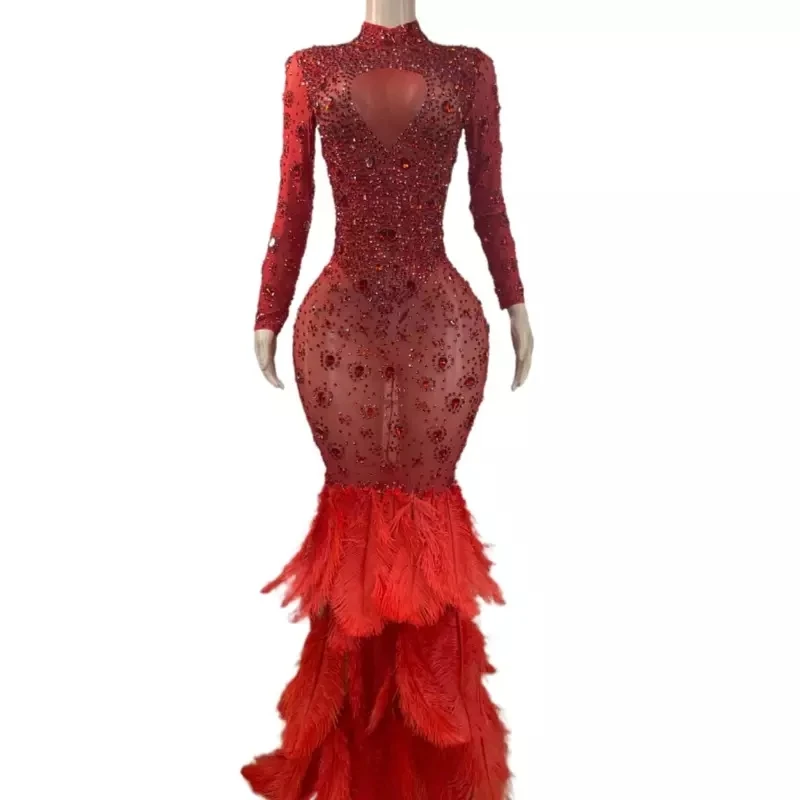 

Birthday Celebrate Evening Prom Gown Dress Transparent stage costume Luxury party feather dresses