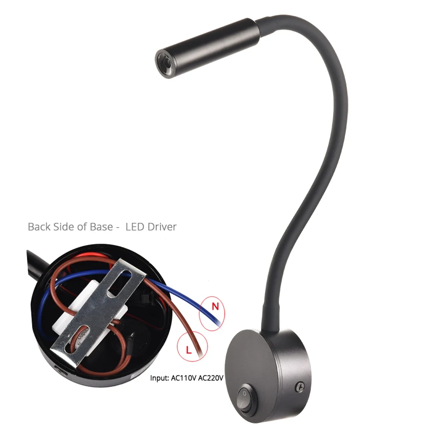 3W Wandlamp Schansen Nachtkastje Werken Studie Leesboek muur Nachtverlichtingsarmaturen Gooesneck Passen Spot LED Wit Zwart Zilver