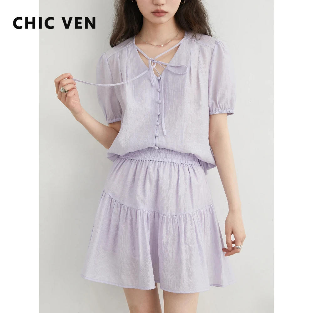 

CHIC VEN Fashion Women Shirt Loose Casual New V Neck Short Puff Sleeve Ladies Coat A-line Short Skirt Set Summer 2026