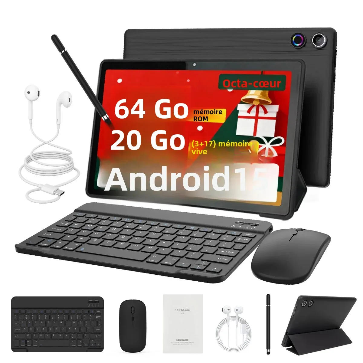Tablette URAO Android 15 10 pouces 20 Go RAM 64 Go ROM extensible 1 To WIFI6 Widevine L1 5000 mAh avec stylet, clavier, souris, écouteurs et étui