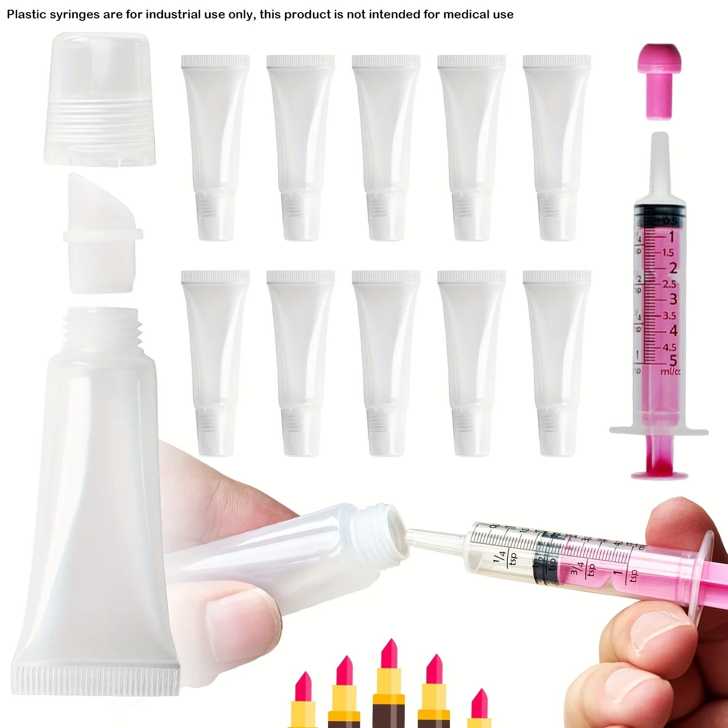 10 tubos de bálsamo labial vacíos portátiles de 8 millilitros para llenar. Tubos cosméticos para color de labios. Viene con una jeringa rosa de 5 millilitros.