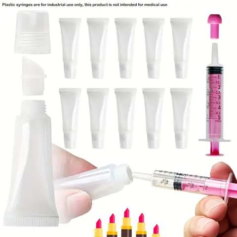 Portable 10 empty 8-milliliter lip balm tubes for filling. Cosmetic tubes for lip color. Comes with a 5-milliliter pink syringe.