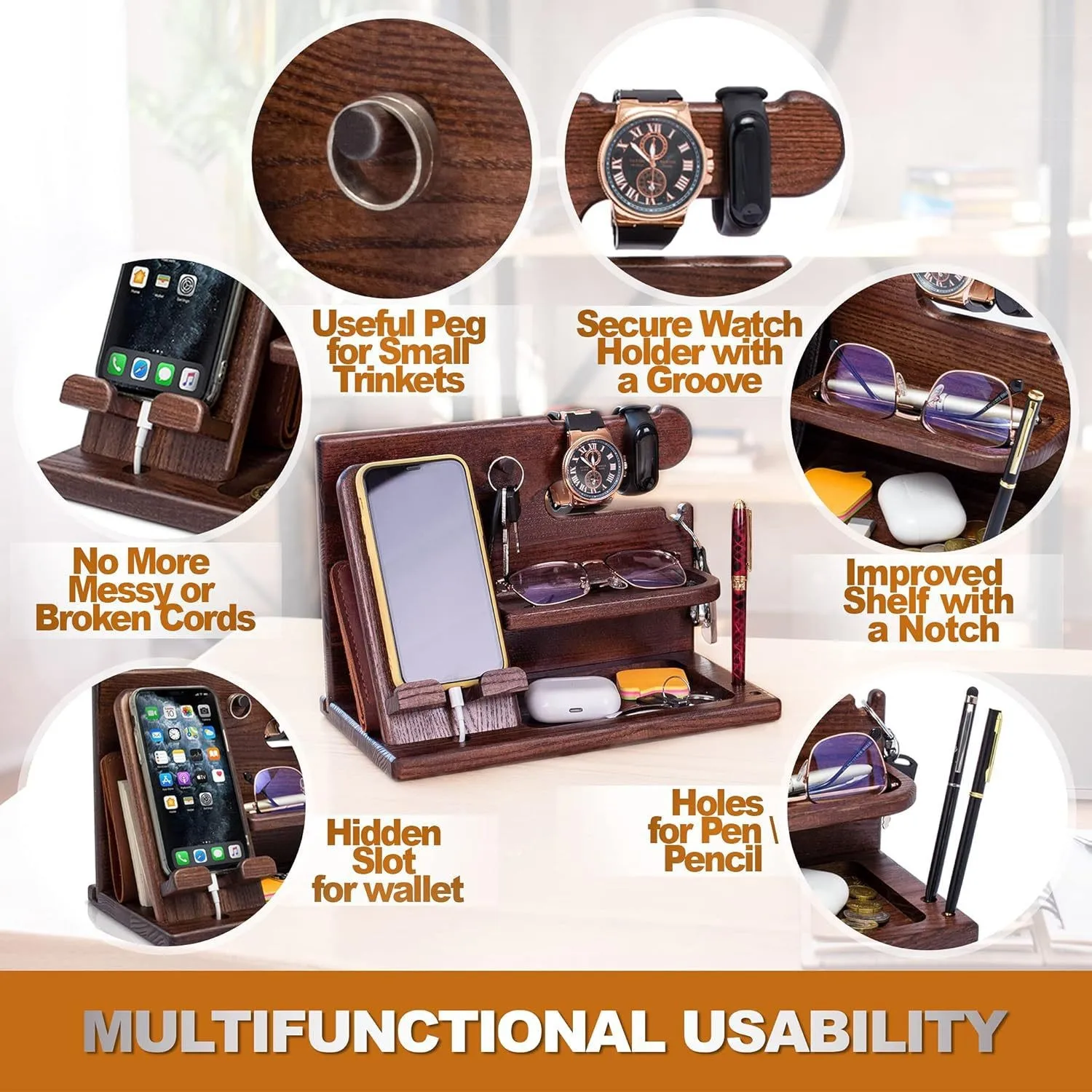 Wooden mobile phone holder, multi-functional desktop storage rack, with charging port, key watch storage