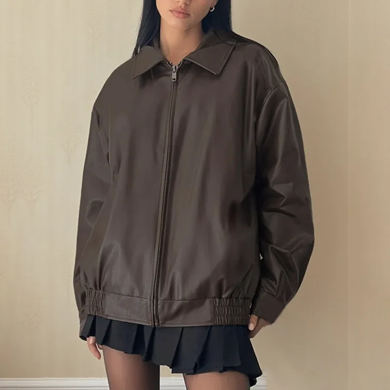 

Ladies Fashion Zipper Faux Leather Jacket Spring Autumn Women Long Sleeves Leather Coat 2025 Female PU Leather Outwear