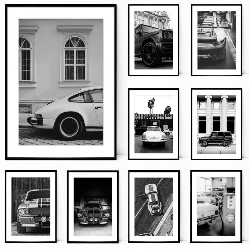 Póster de coche Retro, fotos en blanco y negro, lienzo de coche antiguo, Impresión de arte de pared, decoración colgante para sala de estar