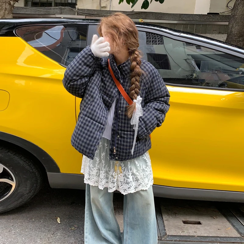 

MEXZT Короткие клетчатые парки женские уличные куртки-пуховики с воротником-стойкой зимние корейские пуховые пальто модная верхняя одежда с хлопковой подкладкой