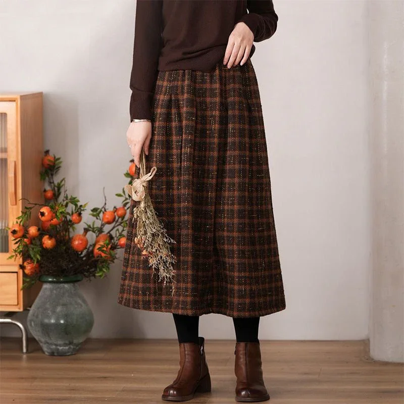 Autumn Winter Thicken Warm Woolen Skirts Women Vintage Streetwear Plaid Long Skirt Woman Casual Loose High Waisted Skirts Z616