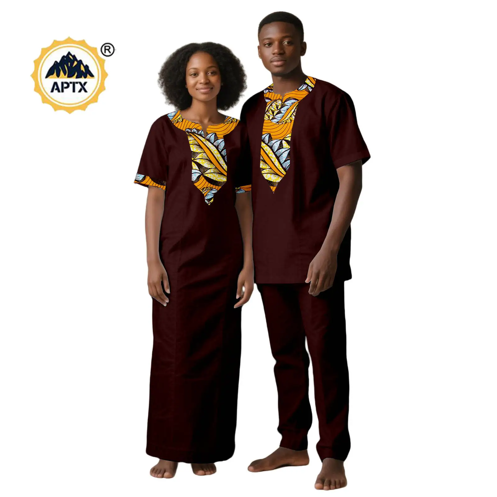 African Print Loose Dresses for Women Matching Couple Outfits African Clothes Dashiki Men Patchwork Top Tee and Pant Sets 25C078